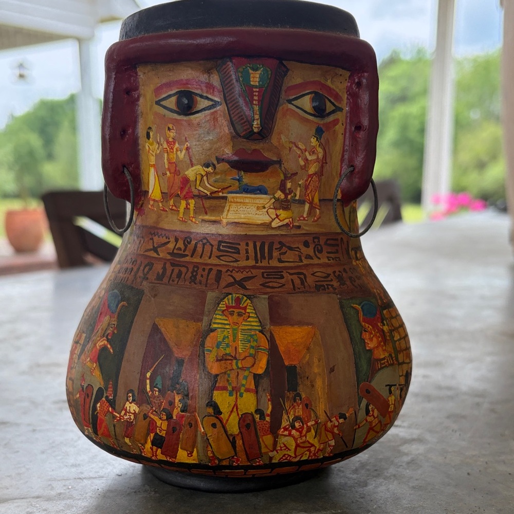 Hand-Painted Egyptian Motif Ceramic Vase - Multicolor